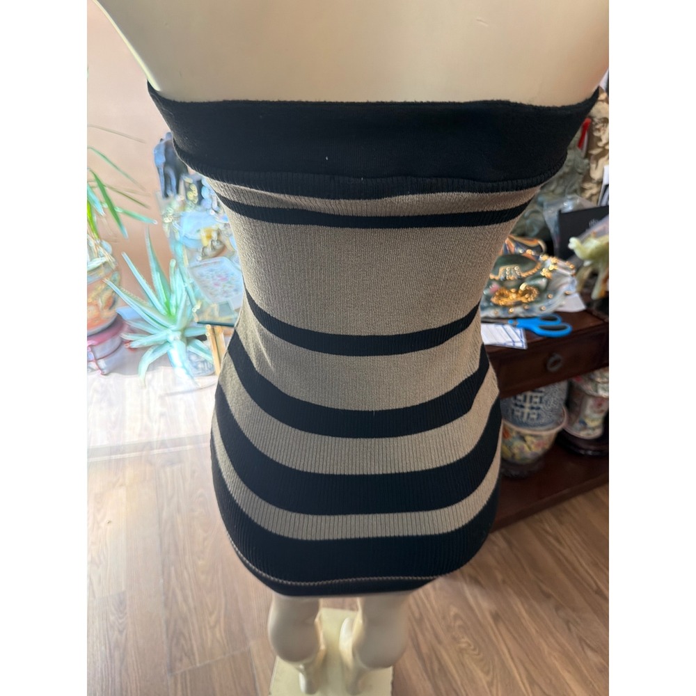 Fashion Nova Tan Black Striped Ribbed Knit Bodycon Strapless Mini Tube Dress - Picture 5 of 7